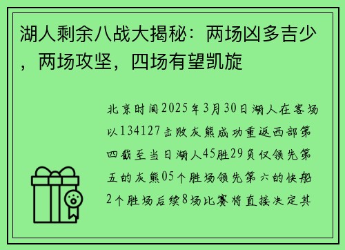 湖人剩余八战大揭秘:两场凶多吉少,两场攻坚,四场有望凯旋