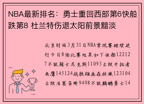 NBA最新排名:勇士重回西部第6快船跌第8 杜兰特伤退太阳前景黯淡